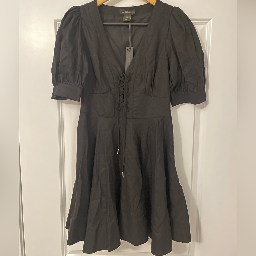 NWT Revolve House of Harlow 1960 Black Puff Sleeve Linen Blend Mini Dress